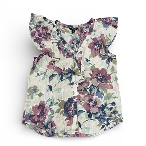 Lauren Ralph Lauren Floral Linen Blend Blouse Short Sleeve Tie Waist Size L - Picture 5 of 8